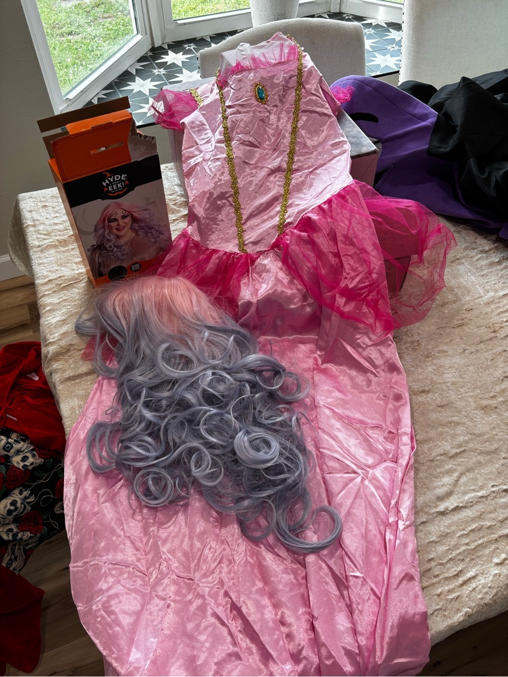 Pink Princess Costume Dress with Gold Trim and Matching Wig